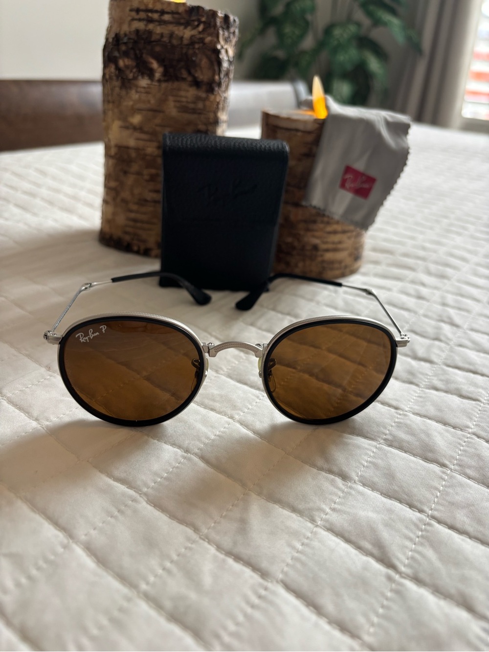 Ray-Ban RB3517 Black & Silver Round Folding Polarised Sunglasses